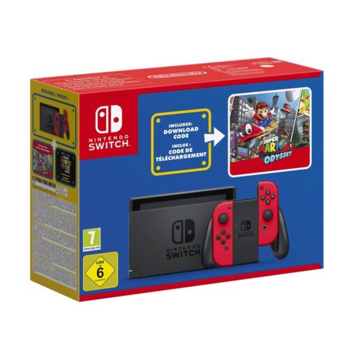 Console Nintendo Switch rouge + Code de téléchargement Super Mario Odyssey + autocollants Super Mario Bros.