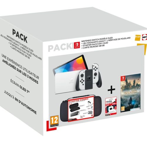 Pack Console Nintendo Switch Oled Blanche + Jeu Hogwarts Legacy l&rsquo;Héritage de Poudlard + Starter Pack 6