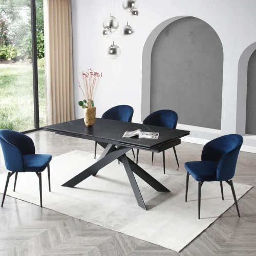 Table à manger extensible 6 à 10 personnes en céramique, verre trempé et métal – Effet marbre noir – COREMA de Maison Céphy