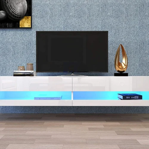 Meuble TV suspendu avec 2 niches – LEDs – 140x40x30,5 cm – Bois MDF – Blanc brillant