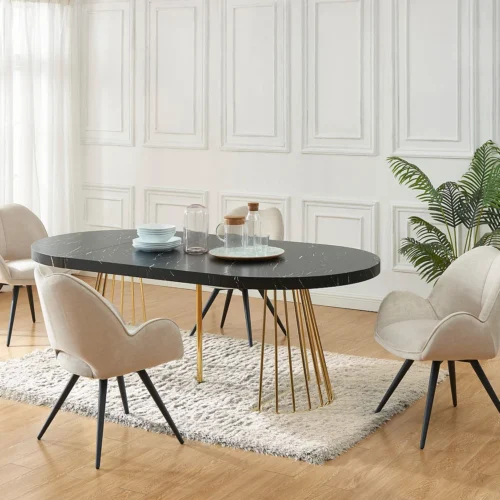 Table à manger extensible 2 à 12 personnes en MDF et acier – Effet marbre noir et Doré – FIRELA