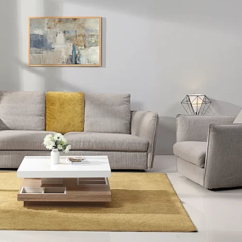 Table basse – Plateau pivotant – MDF laqué blanc et chêne – FAUSTO II