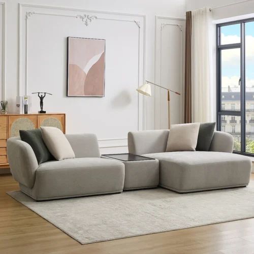 Canapé d’angle droit modulable avec tablette en tissu gris clair RANASO