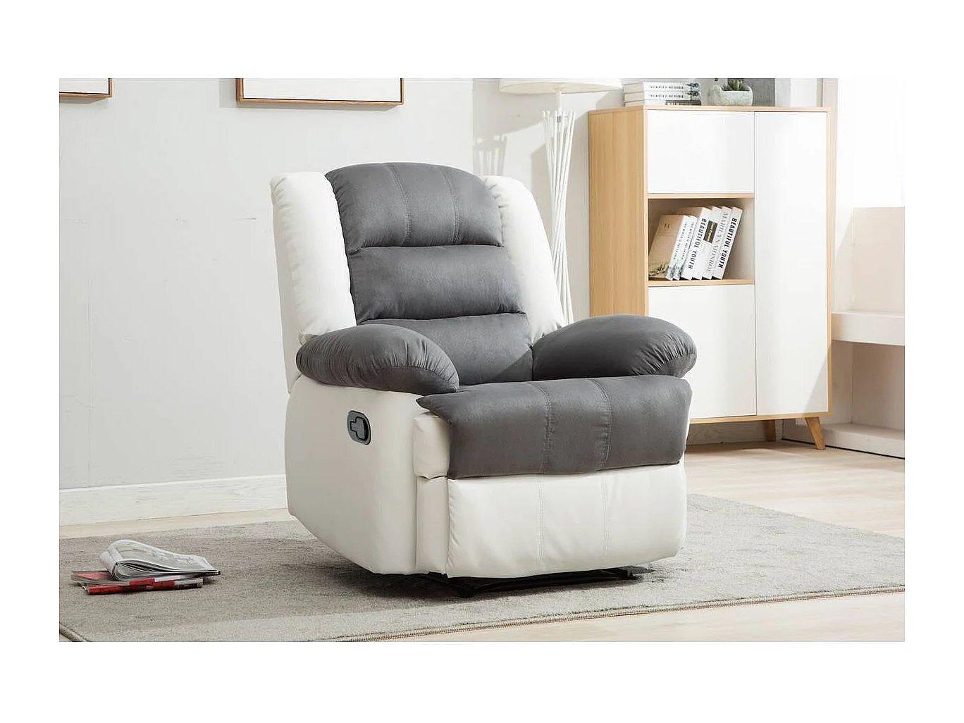 Fauteuil relax "Buckingham" - 85 x 93 x 100 cm - Blanc / Gris clair