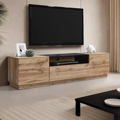 Meuble TV avec 2 portes, 1 tiroir et 1 niche – Naturel clair et Noir – CEMILINA