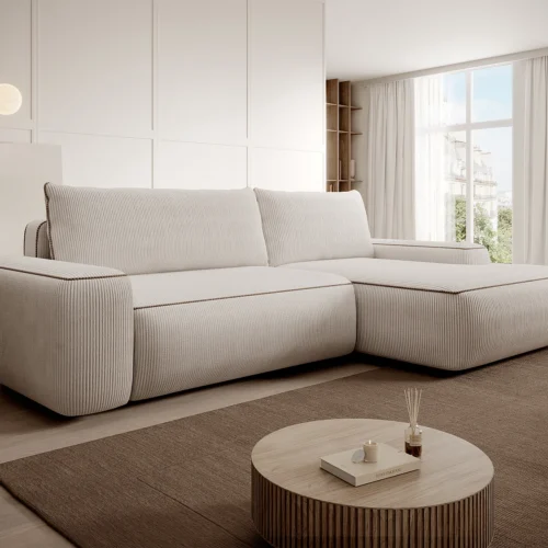 Canapé d’angle droit convertible en velours côtelé beige ZOMELA