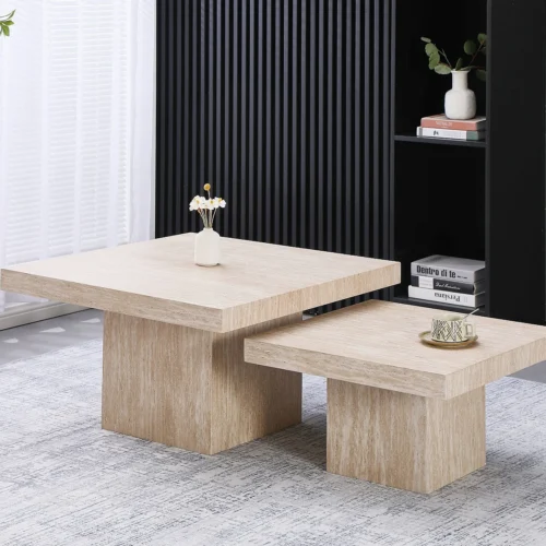 Lot de 2 tables basses – Effet travertin beige – LILI
