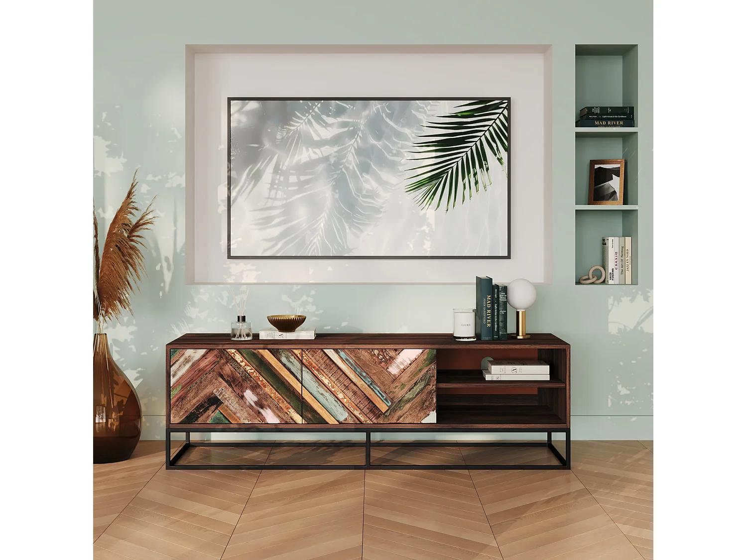 Meuble TV en bois d'acacia et bois recyclé 145 cm - Krabi – Image 2