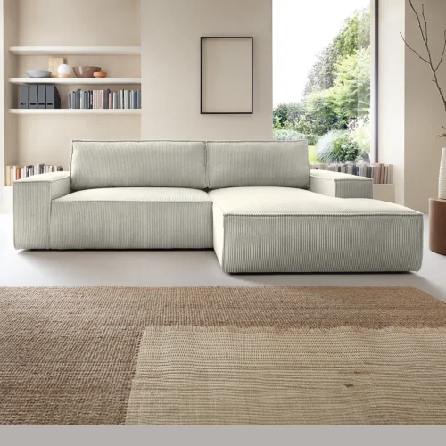 Canapé d’angle droit convertible en velours côtelé beige AMELIA