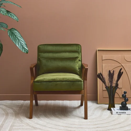 Fauteuil scandinave bois d’hévéa et velours kaki