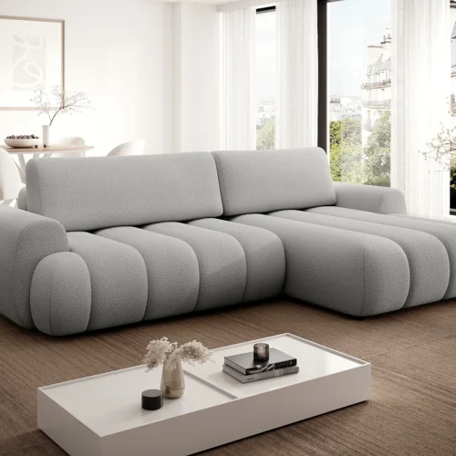 Canapé d’angle droit convertible en tissu gris clair FRIDORA
