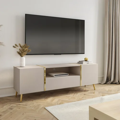 Meuble TV avec 2 portes, 1 tiroir et 1 niche – Beige et Doré – MARZIALO