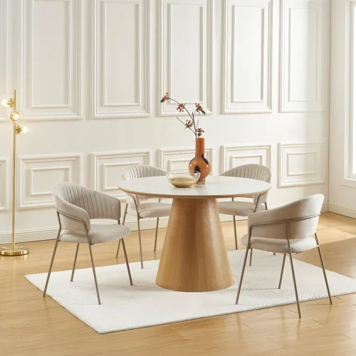 Table à manger ronde 4 personnes en céramique et placage frêne – Effet marbre blanc et naturel clair – ANTALIZA