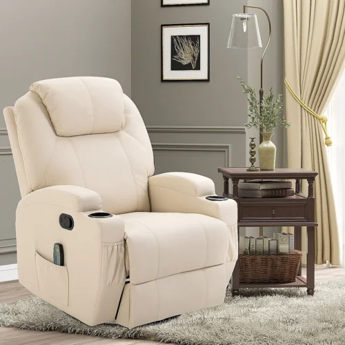 Fauteuil luxe de relaxation et massage inclinaison dossier repose-pied réglable revêtement synthétique crème