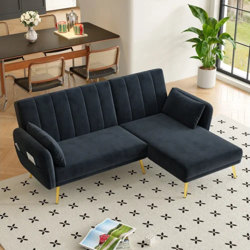 Canapé d’angle convertible 3 places – Velours – Noir