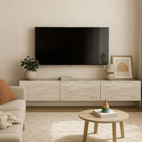 Meuble TV suspendu avec 3 portes – Effet travertin – VIKILA